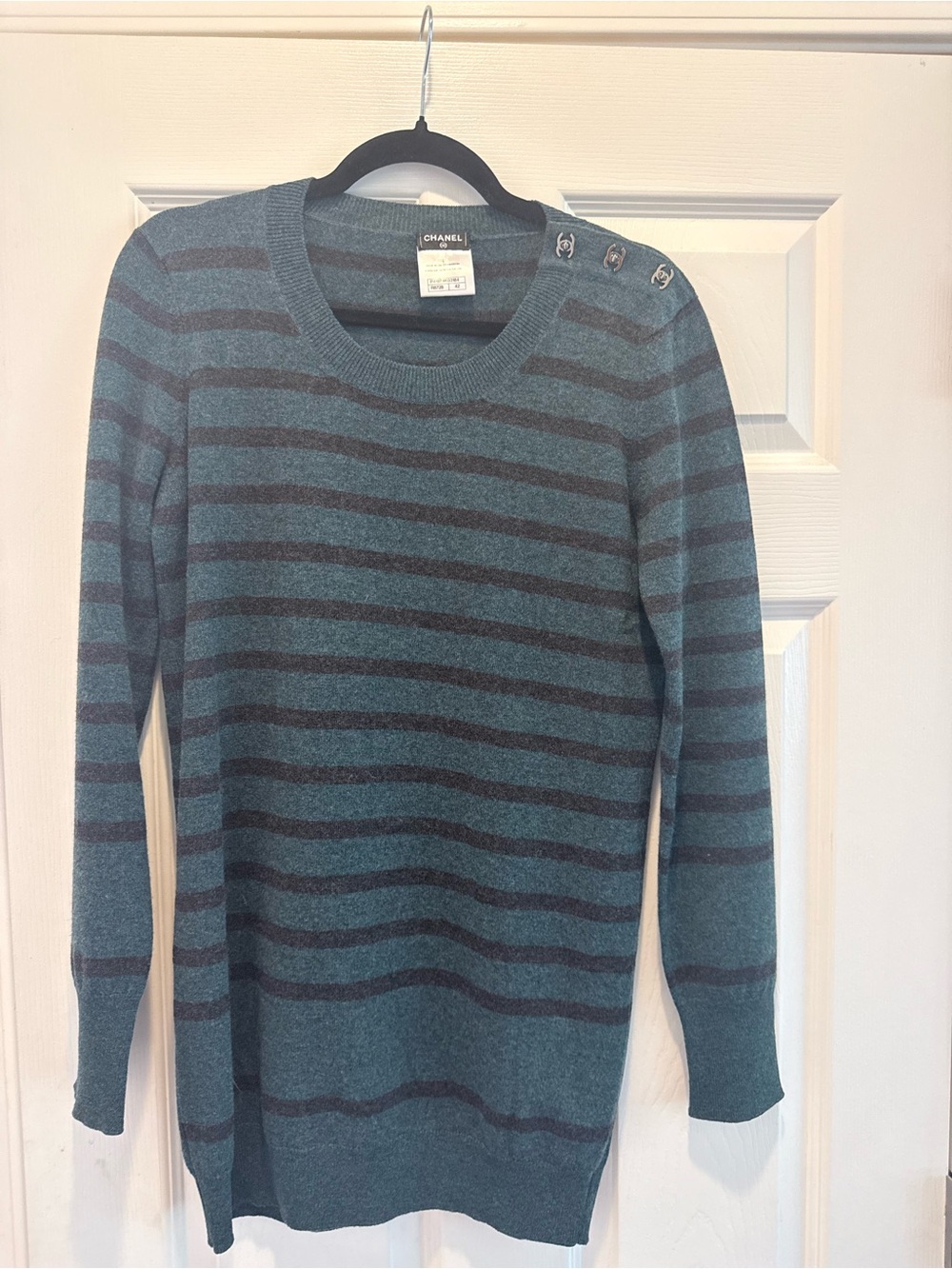 CHANEL Teal and Charcoal Striped Crewneck Sweater